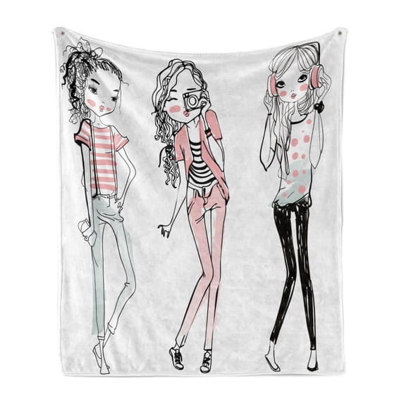 Fashion Soft Flannel Fleece Throw Blanket, Sketch Cartoon Design Girls with Makeup Clothes Illustration Image, Cozy Plush for Indoor and Outdoor Use, 60" x 80", Pale Pink White Black, by Ambesonne