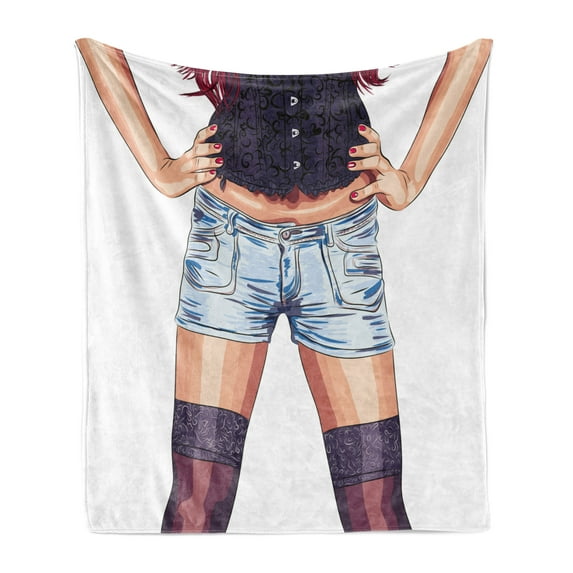 Fashion Soft Flannel Fleece Throw Blanket, Young Woman Wearing Jean Shorts and Stockings Artwork Illustration Print, Cozy Plush for Indoor and Outdoor Use, 50" x 70", Multicolor, by Ambesonne