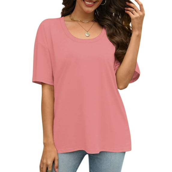 Fashion Solid Color T Shirts for Women Summer Short Sleeve Tops Loose Scook Neck Blouse Tops