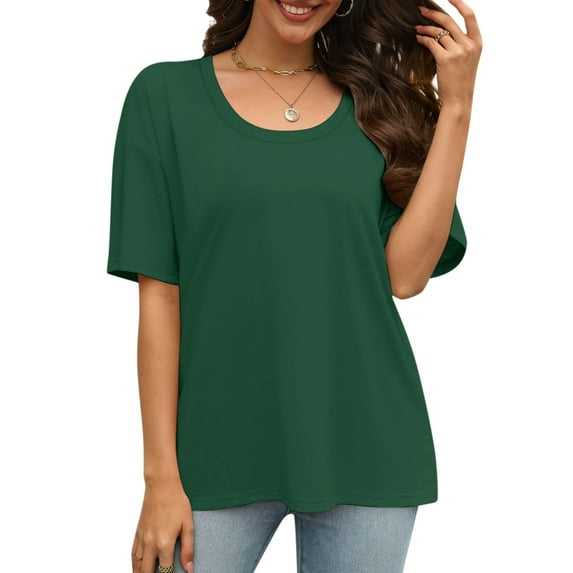 Fashion Solid Color T Shirts for Women Summer Short Sleeve Tops Loose Scook Neck Blouse Tops