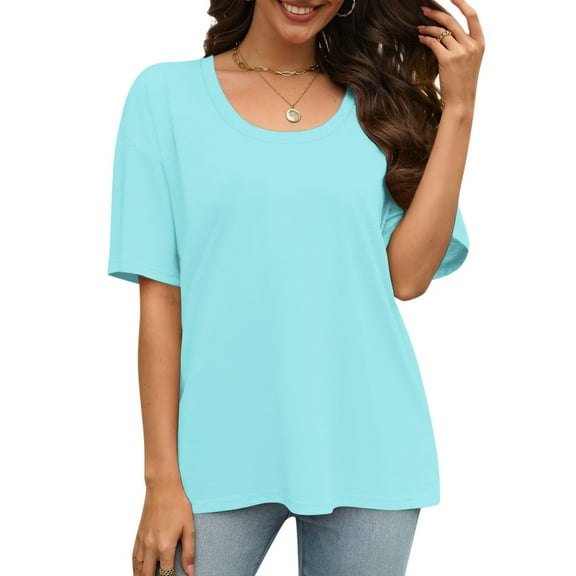 Fashion Solid Color T Shirts for Women Summer Short Sleeve Tops Loose Scook Neck Blouse Tops