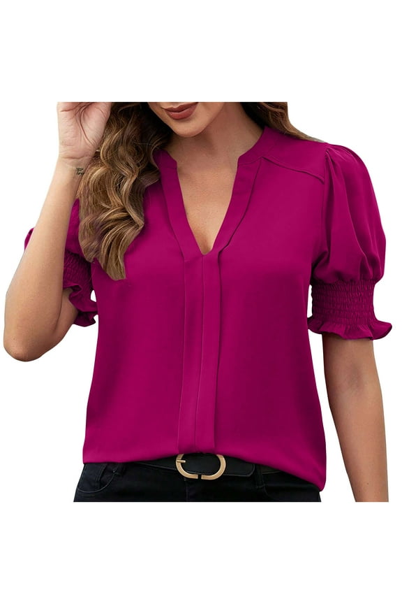 Fashion Solid Color Tops For Women Trendy Pleated Short Puff Sleeves Shirts Juniors V Neck Pullover Blouses Lady Dressy Tunic Casual Clothes