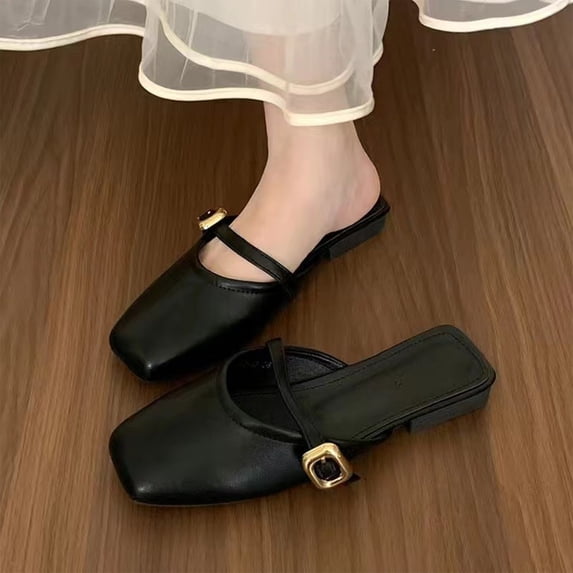 Fashion Square Toe Mary Jane Mules for Women Metal Buckle Strap Slip On Spring Summer Flat Footwear
