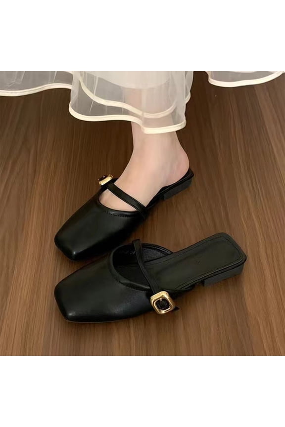 Fashion Square Toe Mary Jane Mules for Women Metal Buckle Strap Slip On Spring Summer Flat Footwear