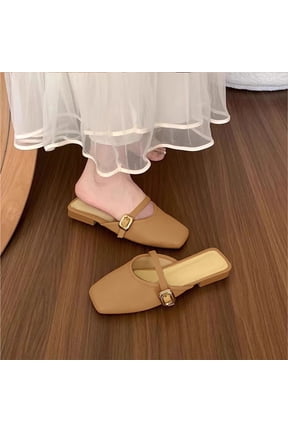 Fashion Square Toe Mary Jane Mules for Women Metal Buckle Strap Slip On Spring Summer Flat Footwear