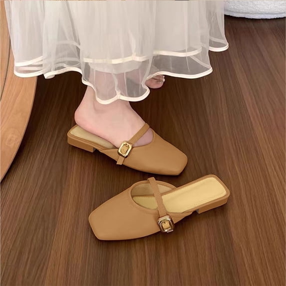 Fashion Square Toe Mary Jane Mules for Women Metal Buckle Strap Slip On Spring Summer Flat Footwear