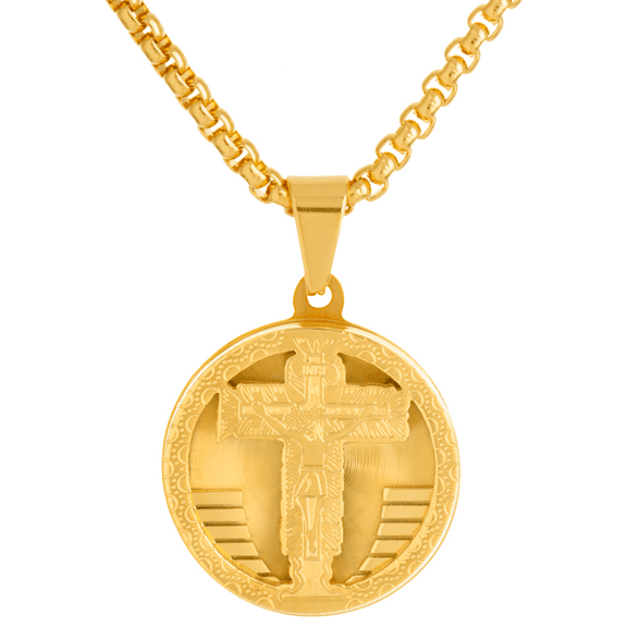 Stainless Steel Cross Jesus Medallion Pendant with Box Chain 24" SCP 164 G