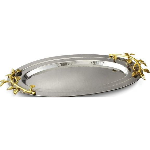 Fashion Stainless Steel Golden Vine Hmmrd Oval Tray (16.5 X 10) Made In India gm14129