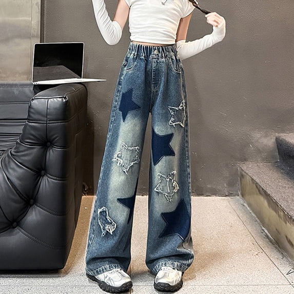 Fashion Star Stitching Decorated Wide Leg Jeans For Teen Girls Casual Pants