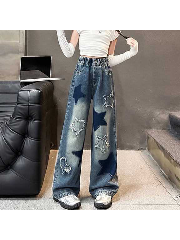 Fashion Star Stitching Decorated Wide Leg Jeans For Teen Girls Casual Pants