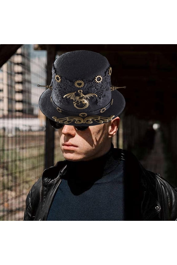 Fashion Steampunk Top Hat, Women Men, Decorative Black with Hair Clips Vintage Style Mechanical Gear Hat for New Year Cosplay Gift Holidays