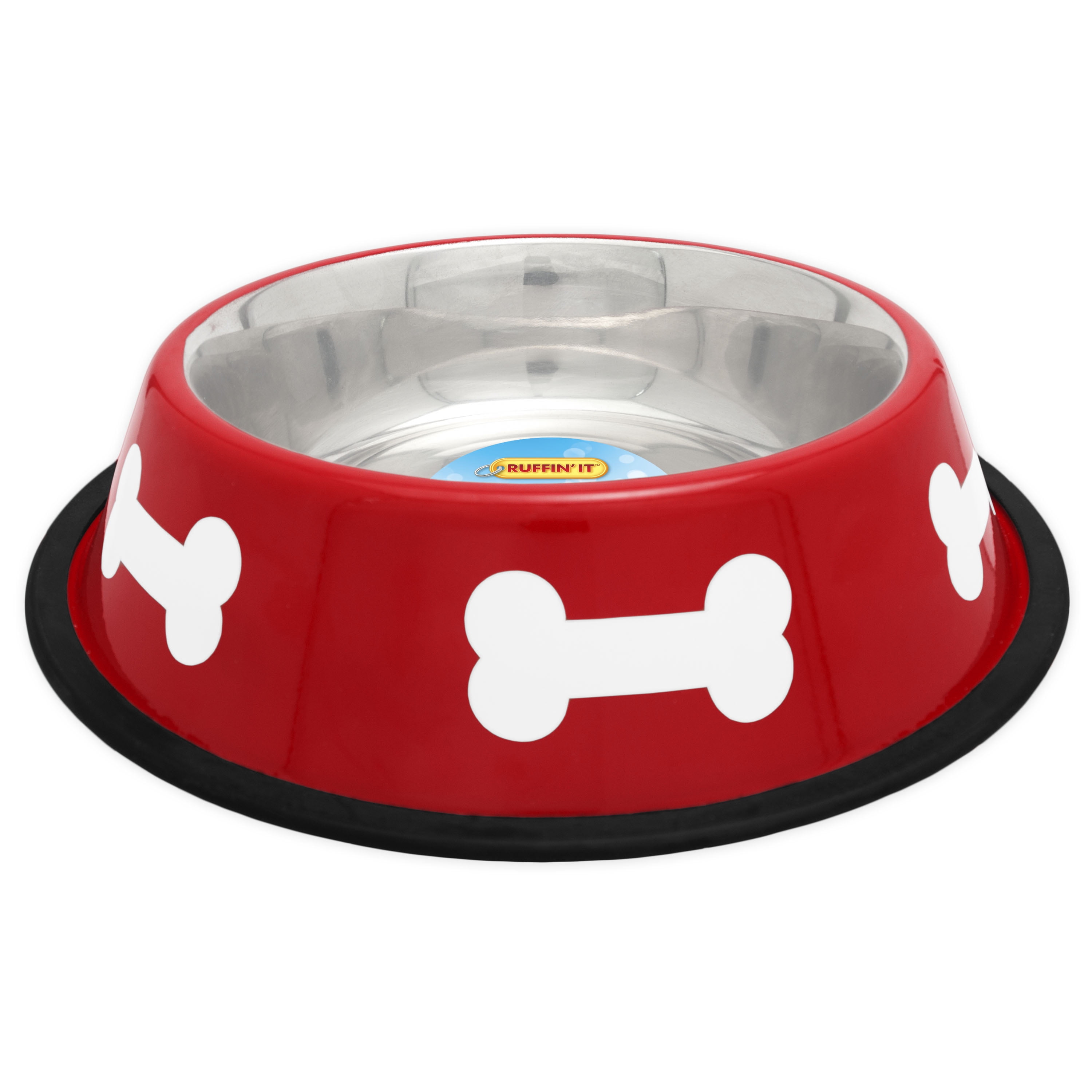 Red Stainless Steel Pet Bowl with White Bone Design, 32oz