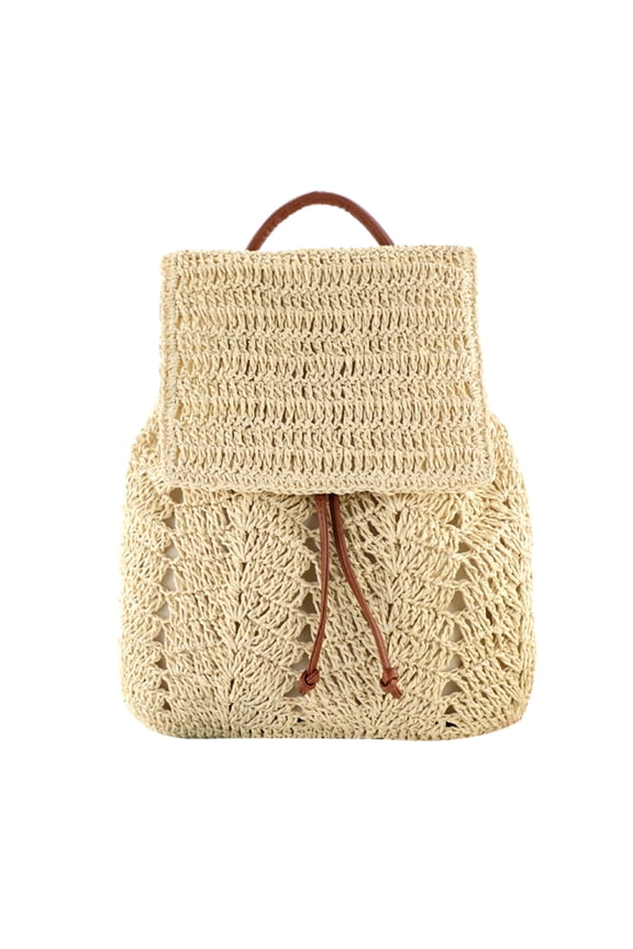 Fashion Straw Shoulders Backpack Hand-Woven Women Beach Holiday Bucket Bag Beige
