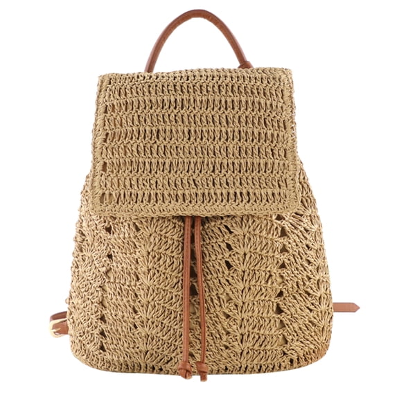 Fashion Straw Shoulders Backpack Hand-Woven Women Beach Holiday Bucket Bag Light Brown