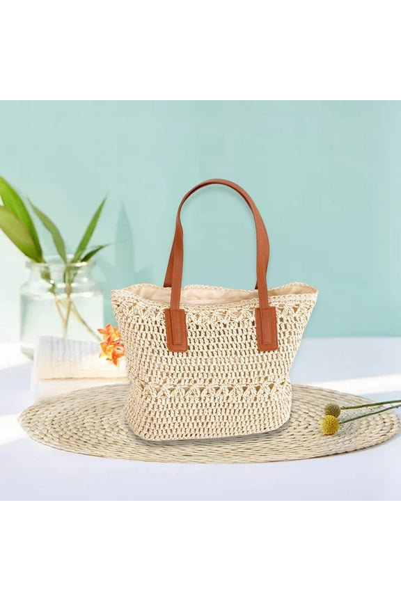 Fashion Straw Woven Handbag Handmade Bohemian with Zipper Purse Handle Satchel Tote Wallet for Beach Vacation Travel Summer Holiday beige