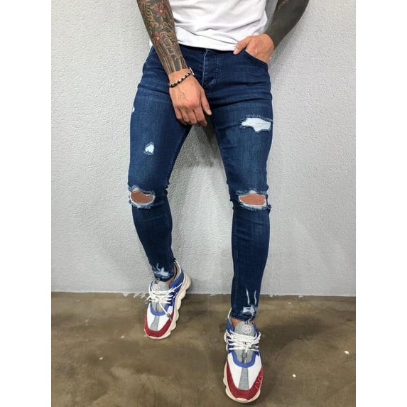 Fashion Street Style Ripped Skinny Jeans Men Vintage wash Solid Denim Trouser Mens Casual Slim fit pencil denim Pants hot sale