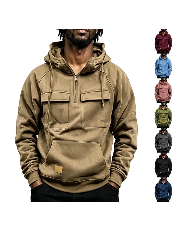 Fashion Streetwear Hooded Sweatshirt for Men, Casual Quarter Zip Pullover Hoodie,Fall Winter Utility Style Daily Outerwear Clothes with Pocket, Army Green XL