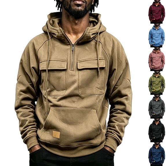 Fashion Streetwear Hooded Sweatshirt for Men, Casual Quarter Zip Pullover Hoodie,Fall Winter Utility Style Daily Outerwear Clothes with Pocket, Dark Gray L