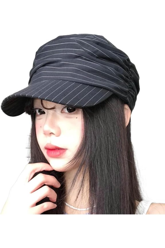 Fashion Striped Ruched Beret Newsboy Cap for Women  Visor Cabbie Flat Top Hat for Spring Summer
