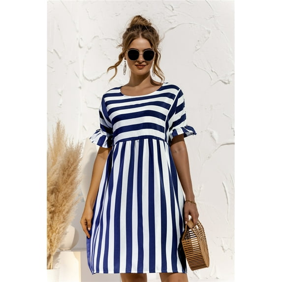 Fashion Striped Ruffle Tunic Short Dress