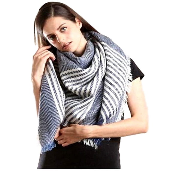 Fashion Striped with Pattern Blanket Scarf 52 in by 55 in Navy