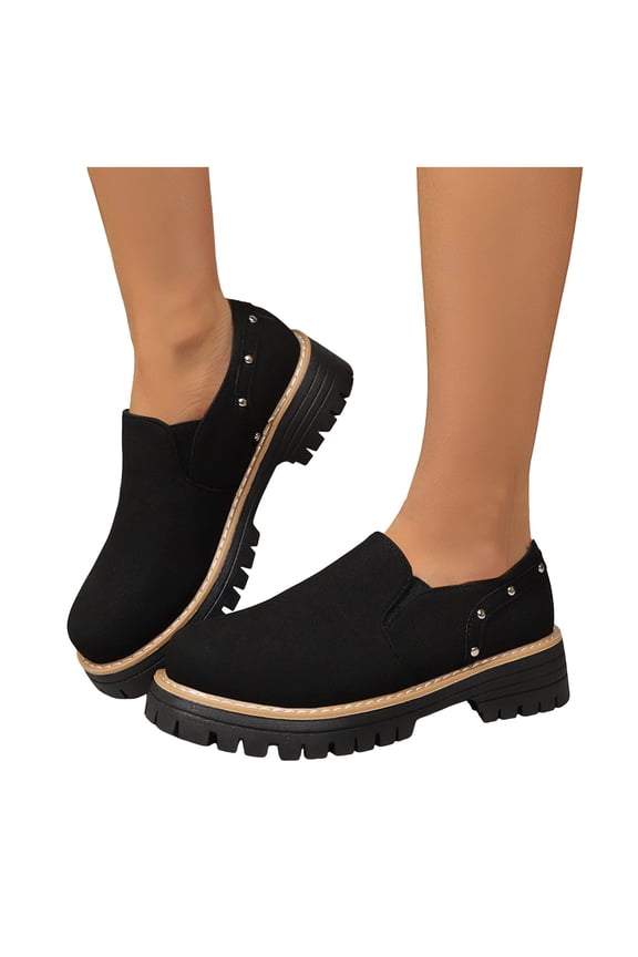 Fashion Studded Suede Loafers for Women Comfortable Wide Toe Box Non Slip Dress Shoes Lightweight Slip On Casual Shoes Black Size 8