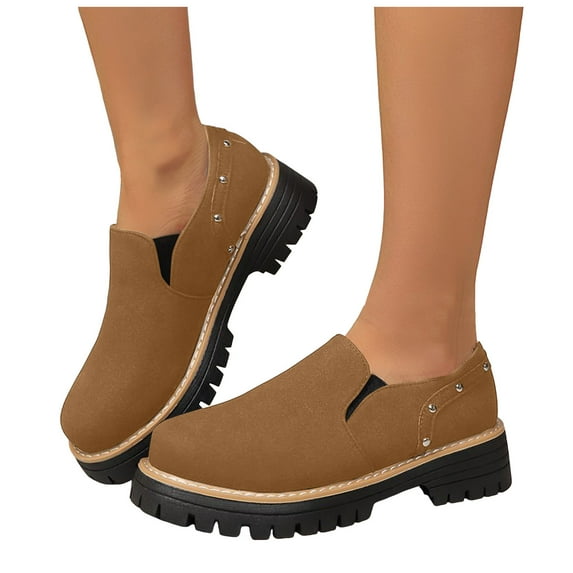 Fashion Studded Suede Loafers for Women Comfortable Wide Toe Box Non Slip Dress Shoes Lightweight Slip On Casual Shoes Brown Size 8.5