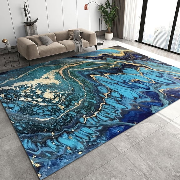 Fashion Style Area Rugs, Abstract Blue Gold Marble Textured Floor Carpet, Modern Indoor Non Slip Foldable Rug for Bedroom Living Room Study Playing Home Decor Mats 3ft x 4ft