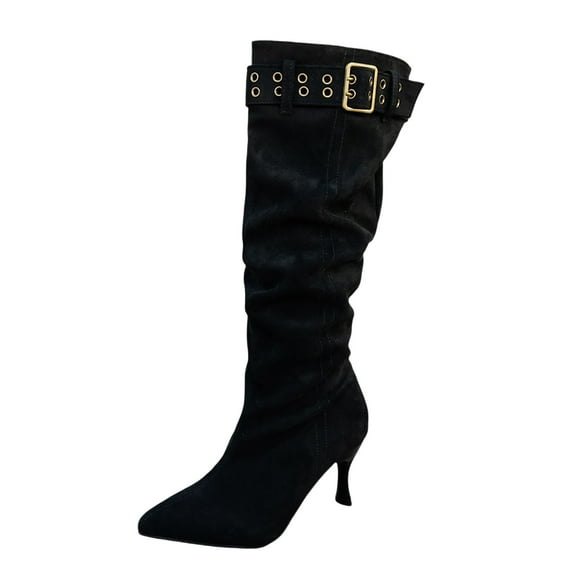 Fashion Suede Knee High Boots Elegant Stiletto Heel Ankle Strap Dress Footwear for Autumn Winter Women's -High Boots
