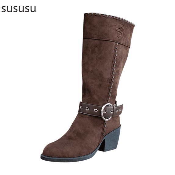 Fashion Suede Mid Calf Boots With Decorative Buckle For Women Comfortable Everyday Booties Ideal For Fall And Winter Wear