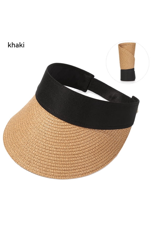 Fashion Summer Empty Top Portable Foldable Magic Tape Roll-up Beach Hat Wide Brim Women Casual Visors Straw Sun Visors for Women, Sun Protecetion Wide Brim Sun Hats Adjustable Topless Beach Hat