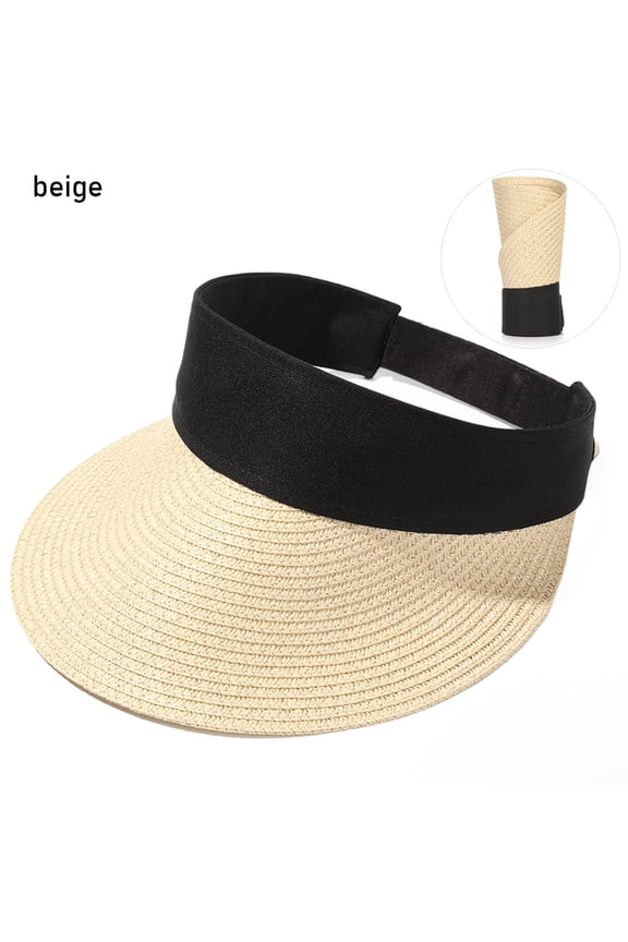 Fashion Summer Empty Top Portable Foldable Magic Tape Roll-up Beach Hat Wide Brim Women Casual Visors Straw Sun Visors for Women, Sun Protecetion Wide Brim Sun Hats Adjustable Topless Beach Hat