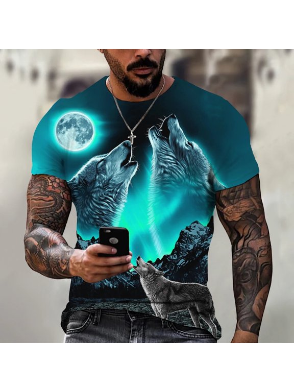 Fashion Summer Men's Round Neck T-shirt Animal Wolf 3D Printed T-shirt Unisex Harajuku Street Leisure Sports Short sleeved T-shirt Top