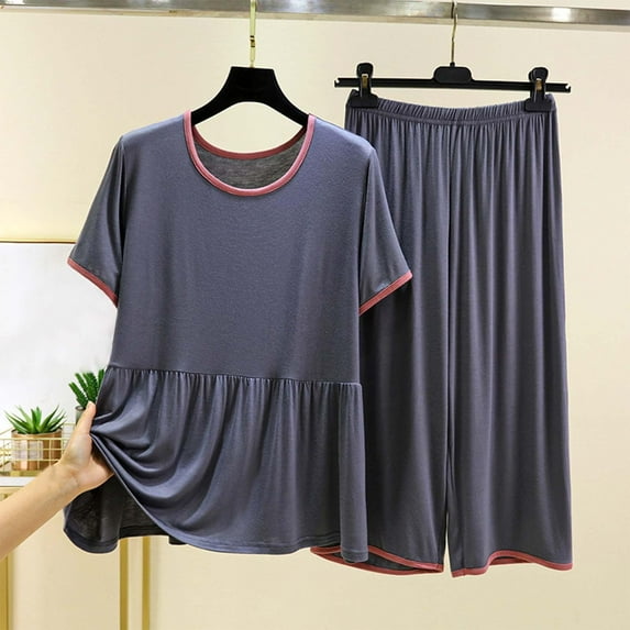 Fashion Summer Women's 2 Piece Lounge Set Casual Long Pants Solid Color Matching Sets — Gray∣L