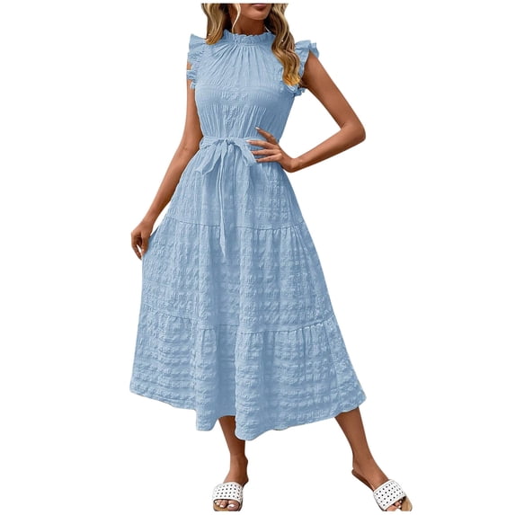 Fashion Sun Dresses for Womens 2026 Summer Plus Size Casual Round-Neck Ruffled Short Sleeve Solid Color Dress