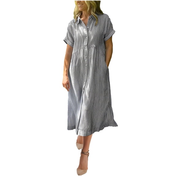 Fashion Sun Dresses for Womens 2026 Summer Plus Size Short Sleeved Lapel Button Casual Printed Striped Dress