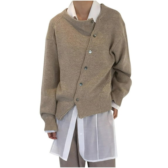 Fashion Sweater Cardigans for Women Fall Casual Lightweight Irregular Button Up Knit Plain Sweater Jacket Coats (Medium, Khaki)