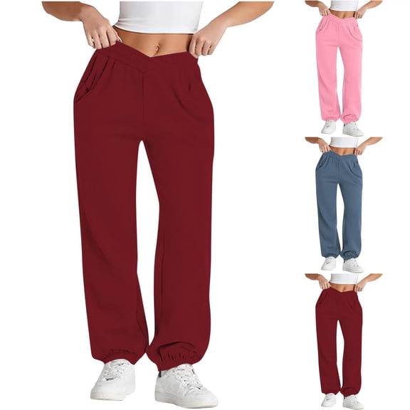 Fashion Sweatpants For Women Casual Printing Pockets Elastic Waist Straight Loose Red Jogger Sweatpants S-2XL