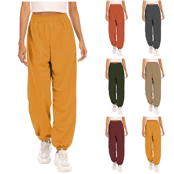 Fashion Sweatpants For Women Exercise Casual Solid Color Binding Leg Yellow Jogger Sweatpants (S)