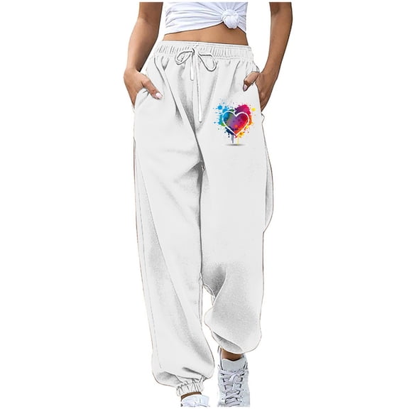 Fashion Sweatpants for Womens Plus Size Elastic Waist Heart-shaped Printed Sports Loose Casual Wide Leg Drawstring Pocket Sweatpants Long Pants 50% off Clearance!