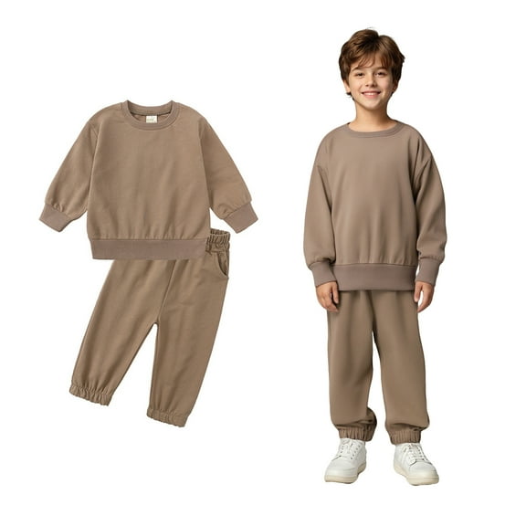 Fashion Sweatshirt Set Long Sleeve Crewneck Brown Casual Sweatsuits Pullover and Jogger Sweatpants 2 Pcs Fall Clothes Girls Clothes 8-9 Years Boys Girls Fashion