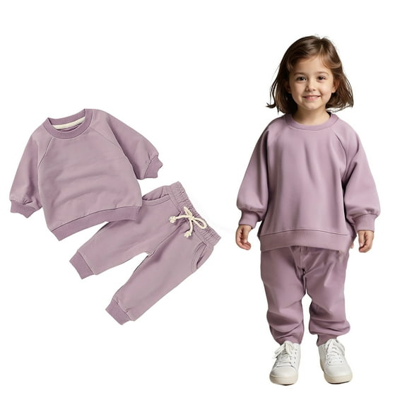Fashion Sweatshirt Set Long Sleeve Solid Crewneck Light Purple Sweatshirt Jogging Pants 2 Pcs Warm Fall Winter Clothes Outfits for Girls 3-4 Years Trendy Boys Girls Fashion