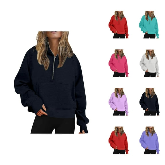 Fashion Sweatshirt Women's Solid Sweatshirt Women's Hoodies And Sweatshirts For Everyday Comfort Loose Fit Autumn Winter Half Zip Yoga Top With Hood Lined Design For Casual Outfits