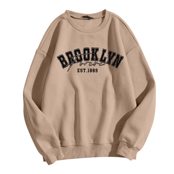 Fashion Sweatshirts For Women Long Sleeve Crew Neck Drop Shoulder Letter Print Workout Pullover Sweater Khaki