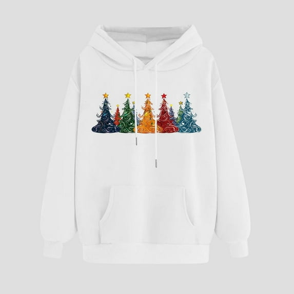 Fashion Sweatshirts and Hoodies for Women Teen Girls Xmas Graphic Printed Drawstring Hooded Pullover Holiday Tops (S, White)