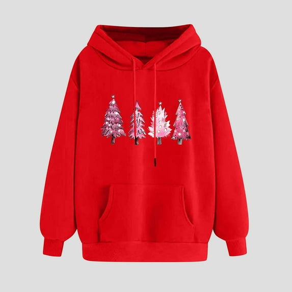 Fashion Sweatshirts and Hoodies for Women Teen Girls Xmas Graphic Printed Drawstring Hooded Pullover Holiday Tops (XL, Red 01)