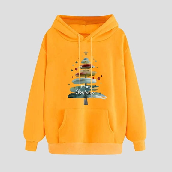 Fashion Sweatshirts and Hoodies for Women Teen Girls Xmas Graphic Printed Drawstring Hooded Pullover Holiday Tops (XL, Yellow 04)