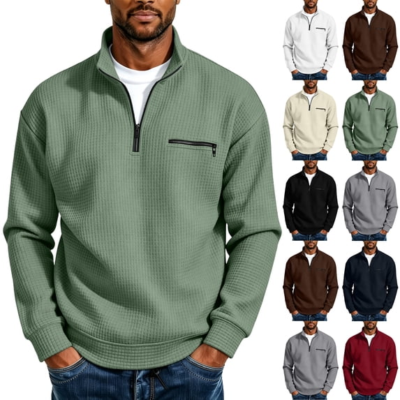 Fashion Sweatshirts for Men Solid Color Waffle Knit Sweater Loose Casual Half-Zip Stand Collar Long Sleeve Shirt Pullover Soft and Comfortable