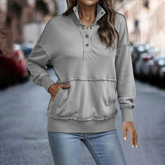 Fashion Sweatshirts for Women Lapel V-Neck Half-Buttons Top Gray XXL