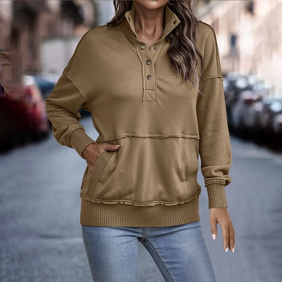 Fashion Sweatshirts for Women Lapel V-Neck Half-Buttons Top Khaki M